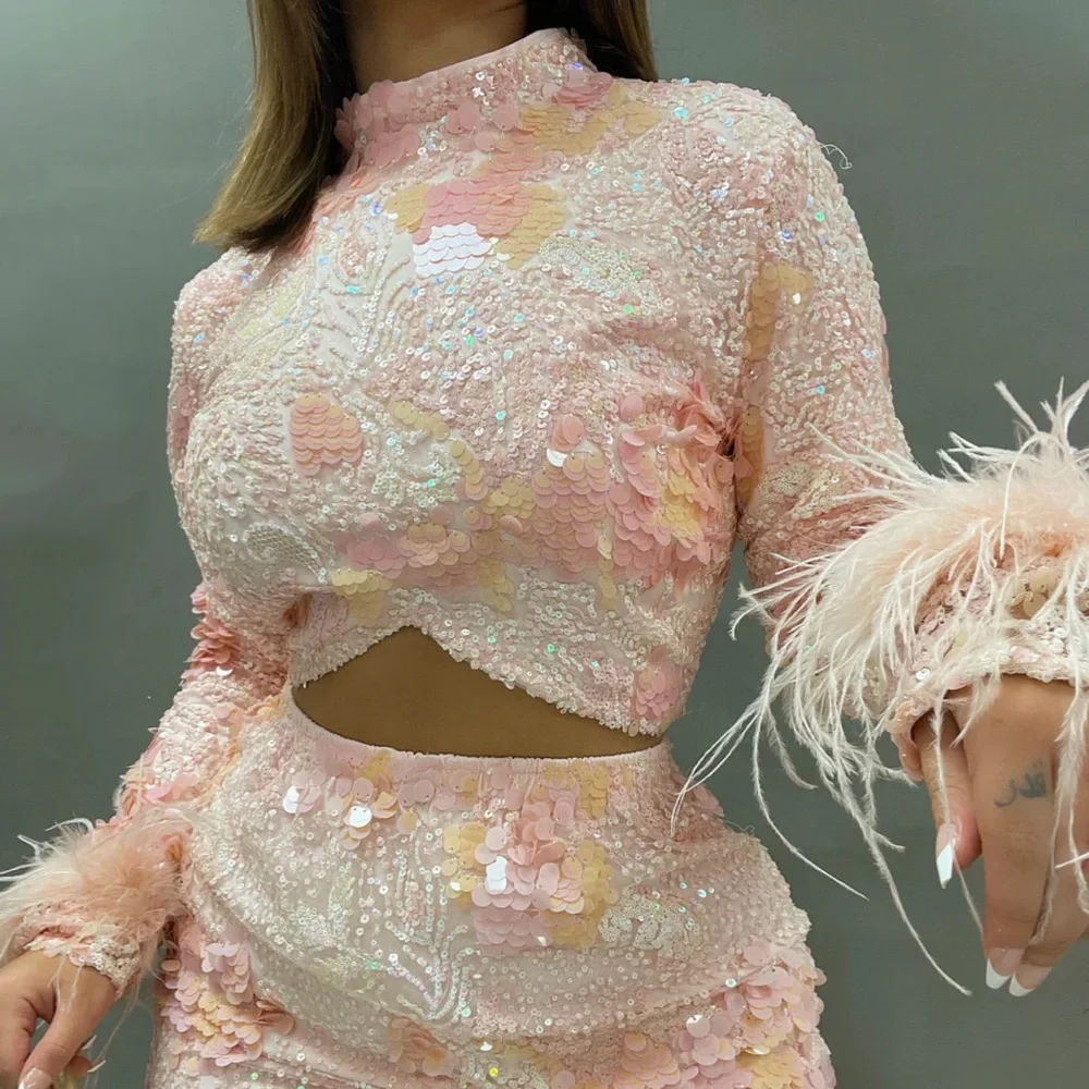 Hot & Delicious Pink Sequined Feather Cuff Crop Top - Picture 3 of 3